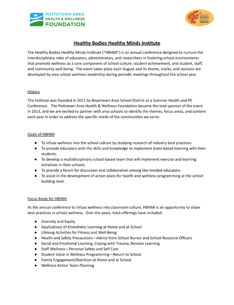 HBHM Healthy Bodies Healthy Minds Institute general information doc for interested speakers attendees community 1 pager _Page_1